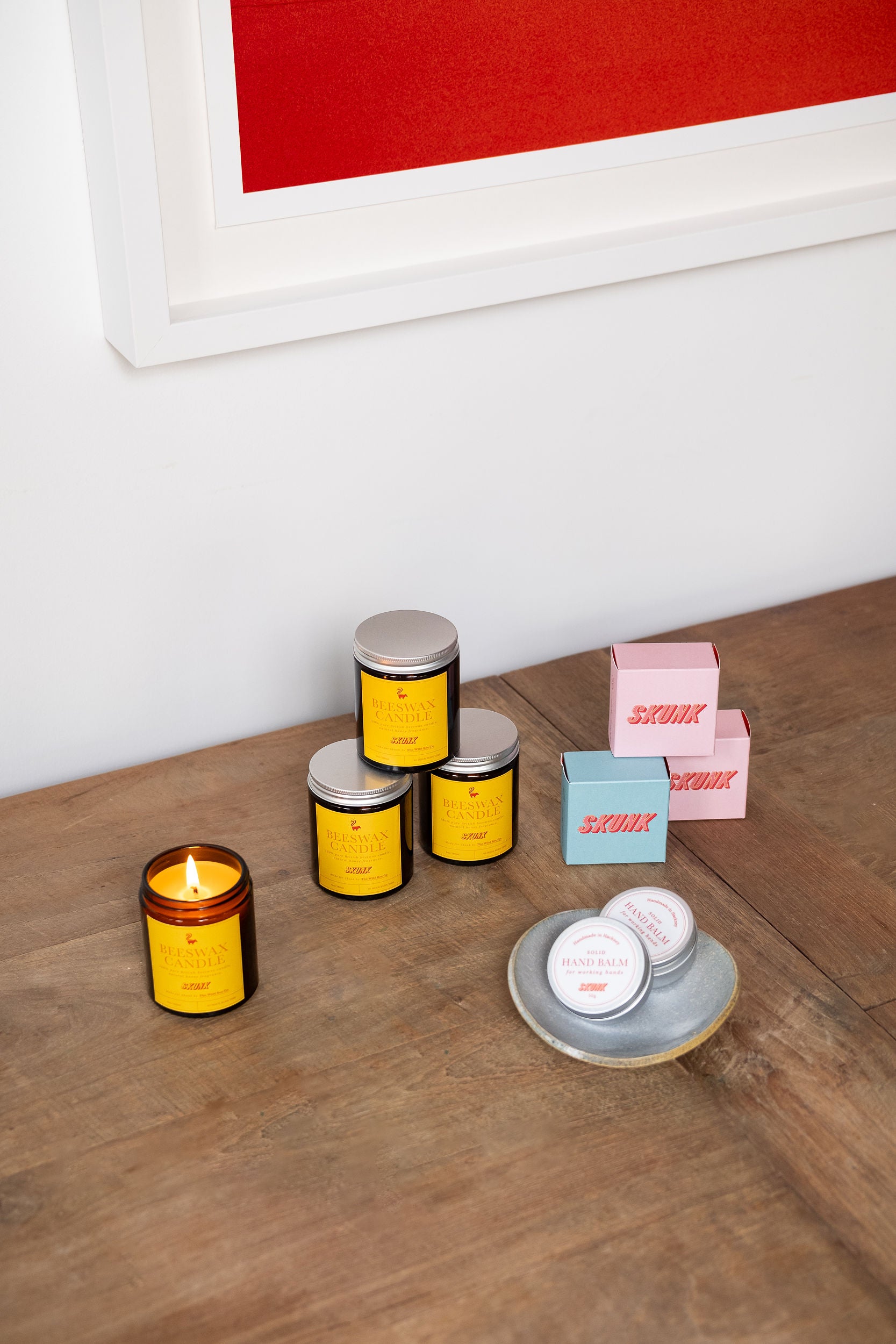 100% Pure British Beeswax Candle, with natural cold process soap bars by Skunk Goods Trading