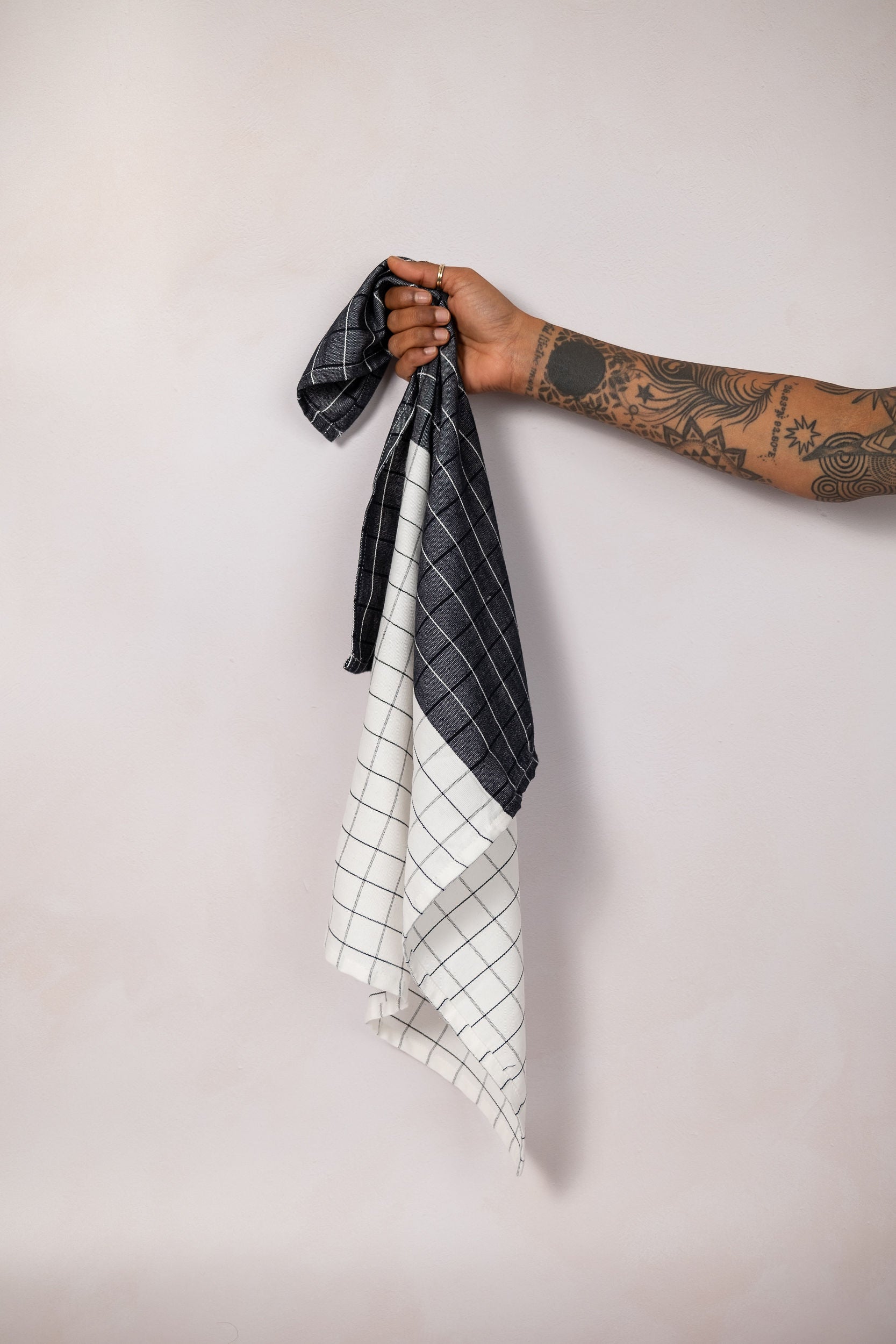 Black and white grid tea towel