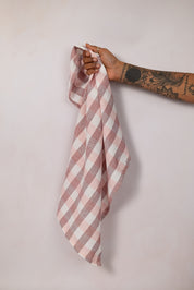 Pink and white check tea towel